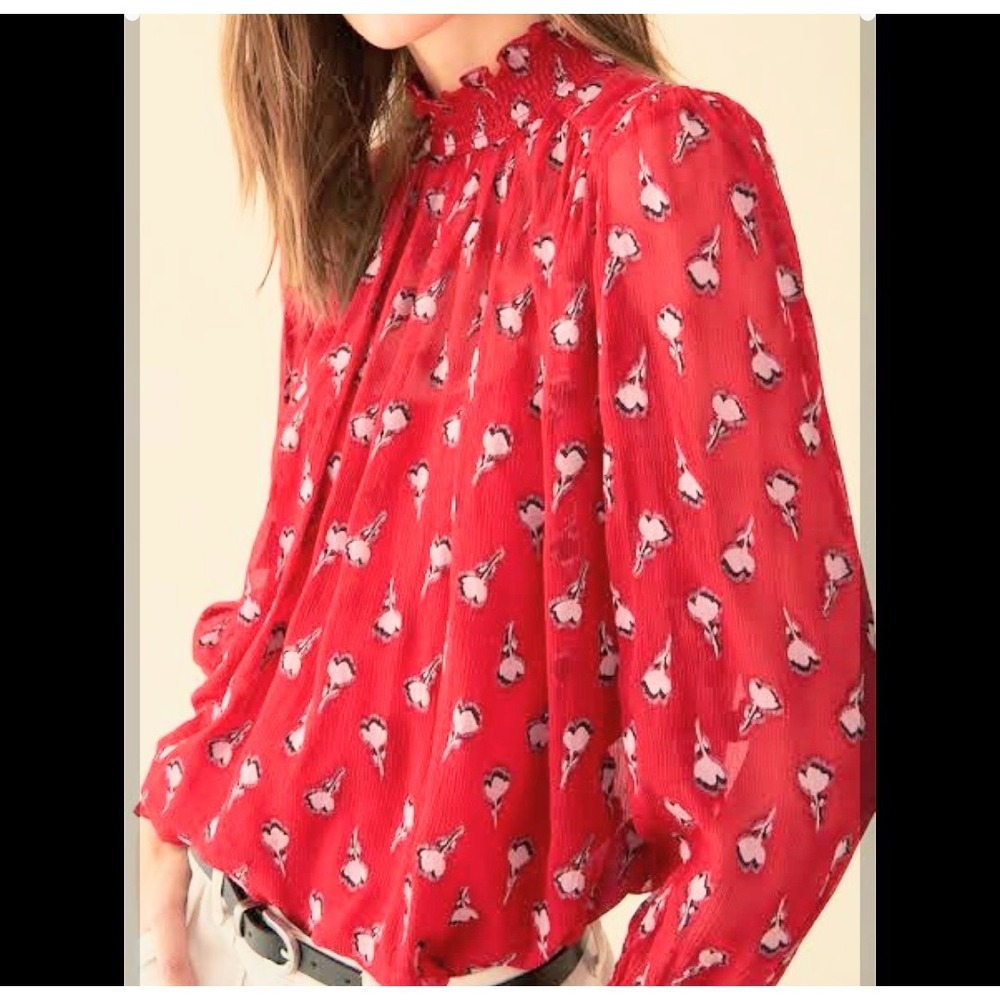 ba&sh Floral Smocked Mock Neck Blouse Red Sheer Tie Back WMS M